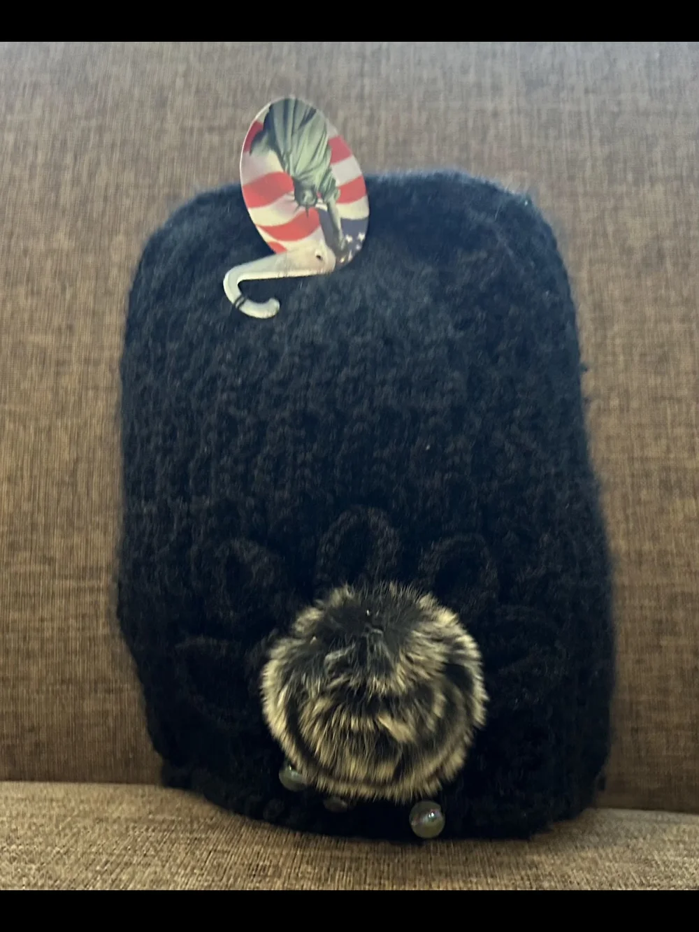 NWT Black Knit Pom Pom Beanie Poof Beads OS Thick Cotton Blend